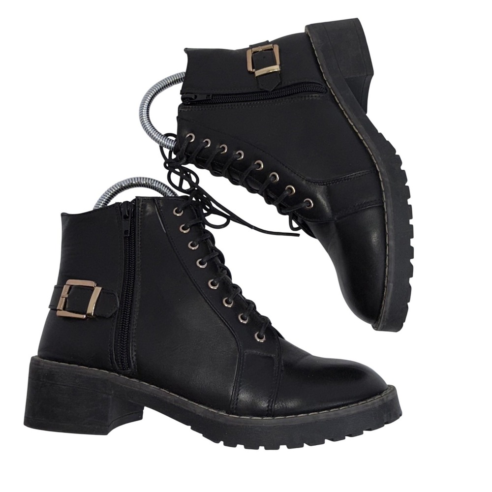 Bonnibel Womens Blk Faux Leather Lace Zip Combat Ankle Boots Military Gorpcore 8